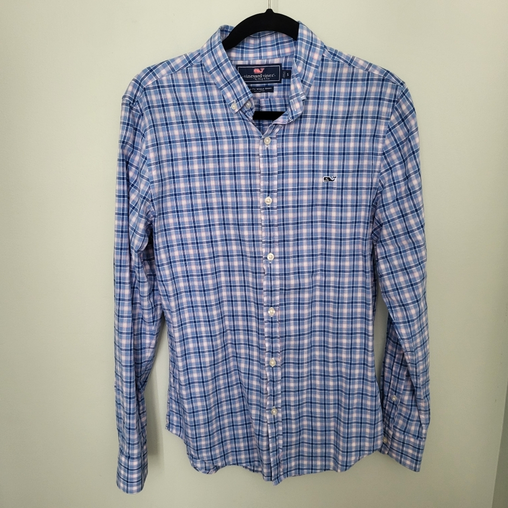 Vineyard Vines Men Small Slim Fit Whale Shirt Cotton Plaid Blue Pink Dress Shirt
